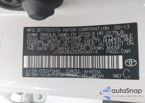 2013 Toyota Prius Two z USA, uszkodzony, nr VIN JTDKN3DU0D5606514